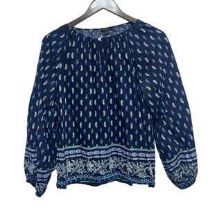 Ann Taylor Blouse Women M Blue Floral Bohemian Balloon Sleeve Cotton Lightweight
